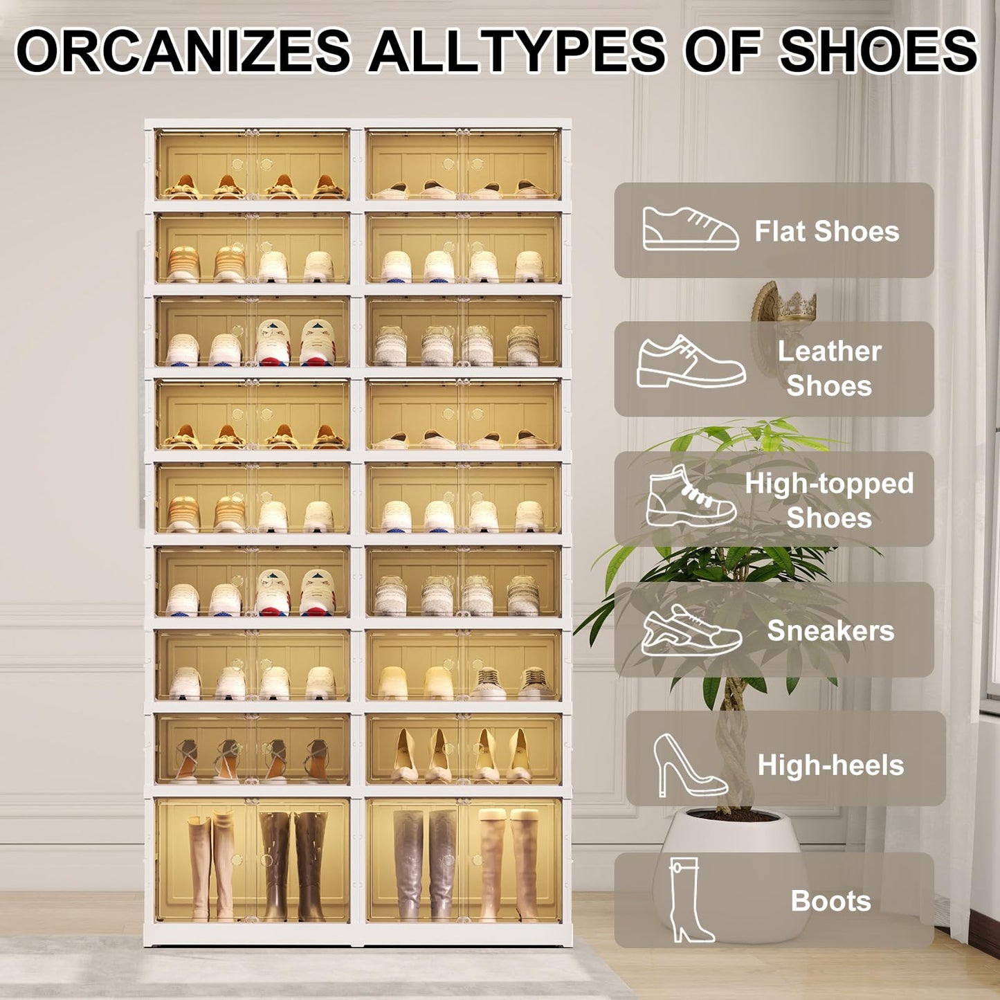 ELPHECO 9 Tier 36 Pairs Large Shoe Rack Organizer - Foldable Sneaker Cabinet Bins, Stackable Shoe Storage Shelf, Collapsible Shoe Cabinet with Double Doors for Entryway