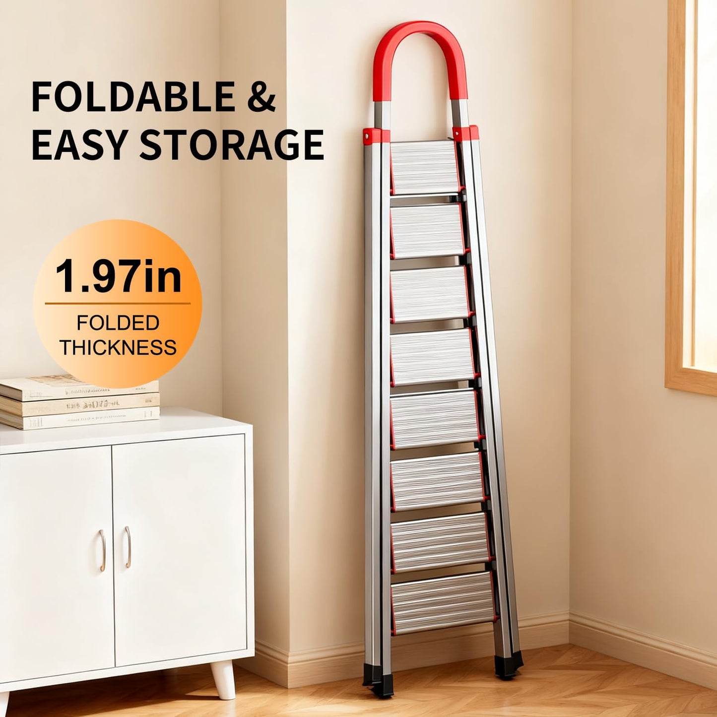 7 Step Ladder with Comfort Handrail,Folding Step Stool Heavy Duty,Protable Step Tool with Anti-Slip Widen Pedals,Safe-Lock Design,Tall Kitchen/Closet Step Ladder for Adults