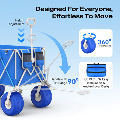 Premium 10.5" Balloon Wheels Beach Wagon - 450LBS Heavy Duty Sand Wagon, Foldable All Terrain Collapsible Utility Wagon with Removable Cooler Bag, Easy Roll for Soft Sand Family Camping - Blue