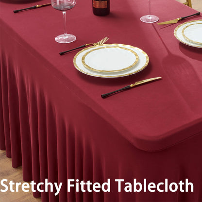 2 Pack Burgundy Spandex Table Clothes for 8 Foot Rectangle Tables, Wrinkle Free Fitted Table Cover 8ft Maroon Stretch Tablecloths with Skirt for Parties Weddings Birthday Banquet Baby Shower