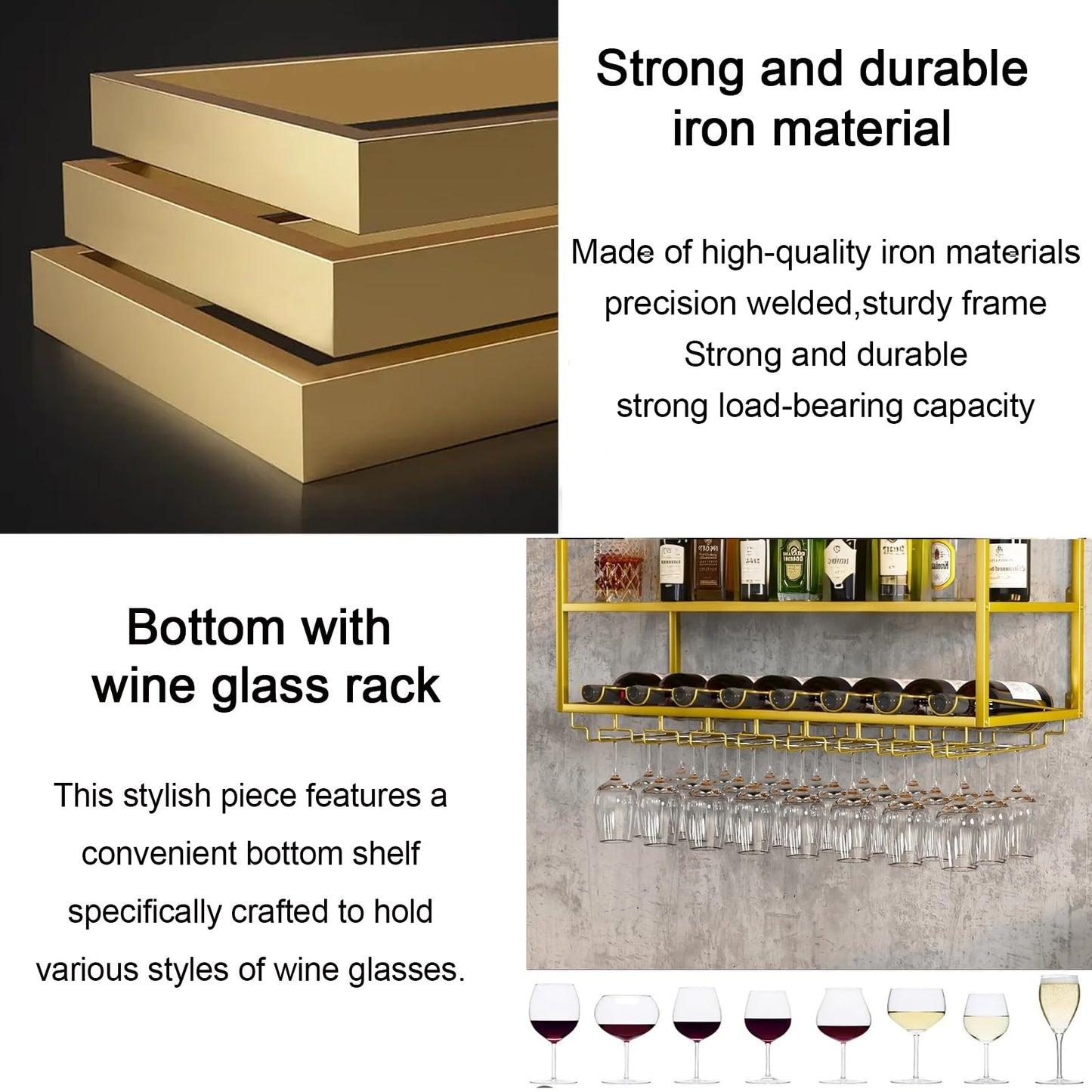 AKOGG Modern Wine Rack Wall Mounted with Glass Holder,Metal Liquor Shelf, Floating Bar Shelves,Liquor Bottle Display Shelf,Hanging Large Capacity Wine Storage Racks for Home Kitchen Dining Room