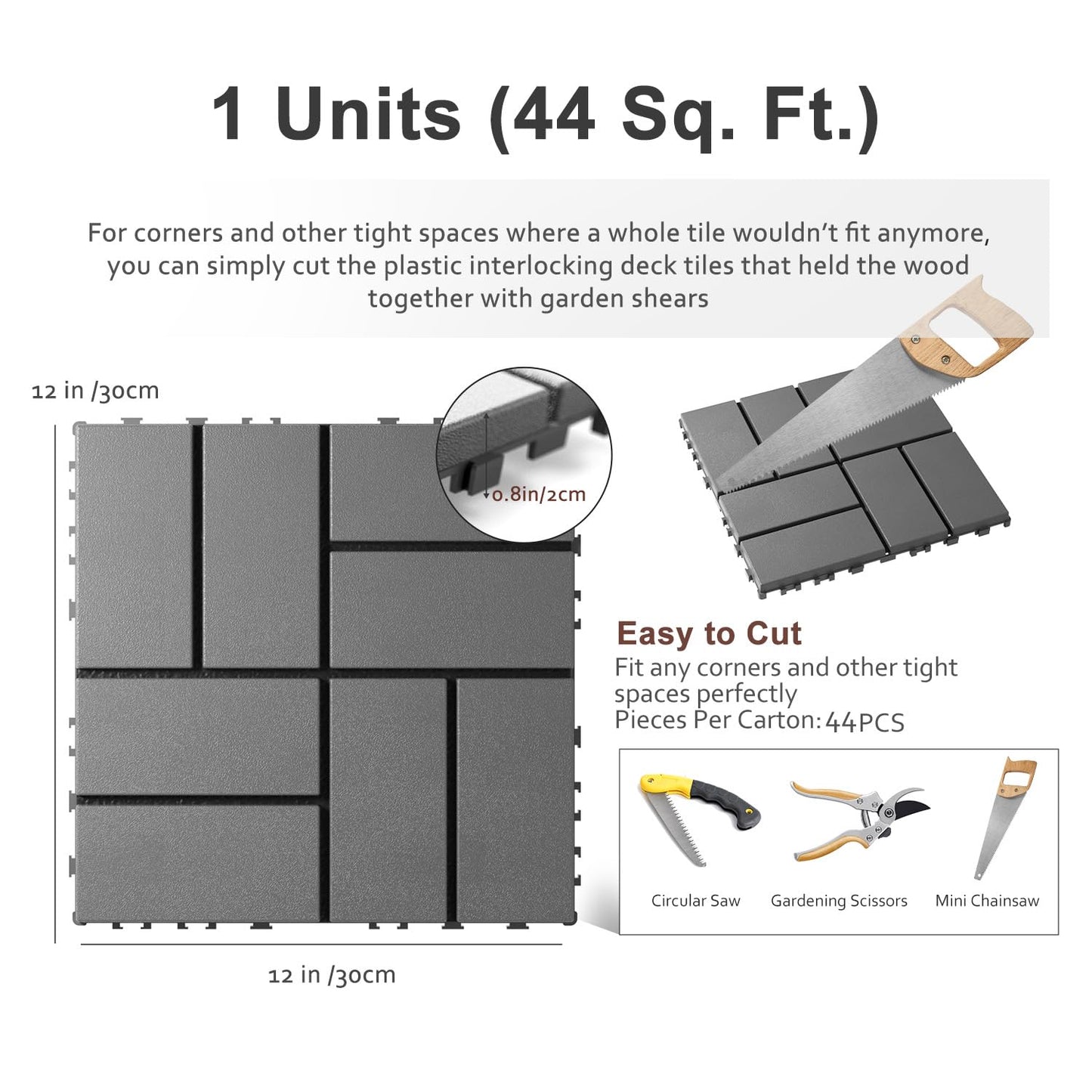 Interlocking Deck Tiles, EchoDeck Patio Deck Tiles, 44 Pack Deck Tiles Interlocking Outdoor All Weather, 12"x12", 8 Slat, 44 Sq. Ft, Highly Durable, Stylish, Non-Slip, Faster-Drying, Dark Grey