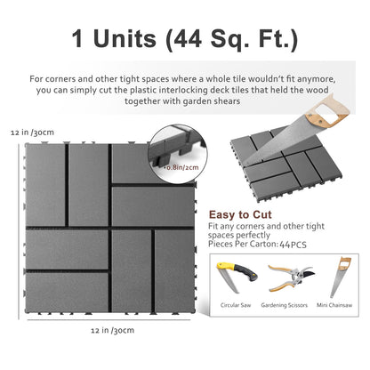 Interlocking Deck Tiles, EchoDeck Patio Deck Tiles, 44 Pack Deck Tiles Interlocking Outdoor All Weather, 12"x12", 8 Slat, 44 Sq. Ft, Highly Durable, Stylish, Non-Slip, Faster-Drying, Dark Grey