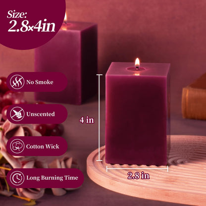 KONNI Square Purple Pillar Candles Set of 3, 2.8"x 4" Unscented Pillar Candles Bulk, 30 Hours Long Burning Candles, Smokeless and Dripless Large Candle for Wedding, Home Decoration, Parties, Spas