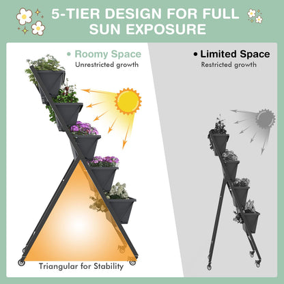 S AFSTAR 5-Tier Vertical Garden Planter, Raised Garden Bed with 2 Lockable Wheels, 7 Removable Planter Boxes, Metal Frame, Indoor Outdoor Elevated Planting Box for Flower Vegetables Fruit Herbs