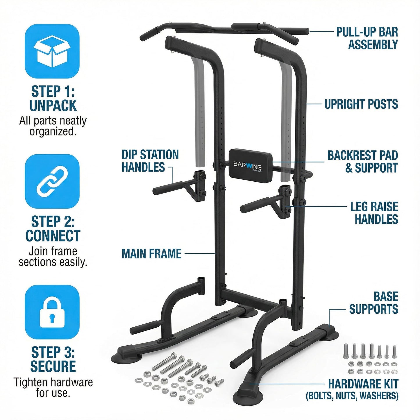 BARWING Power Tower Pull Up Bar Station for Home Gym Dip Station Adjustable Height Strength Training Workout Equipment 400LBS