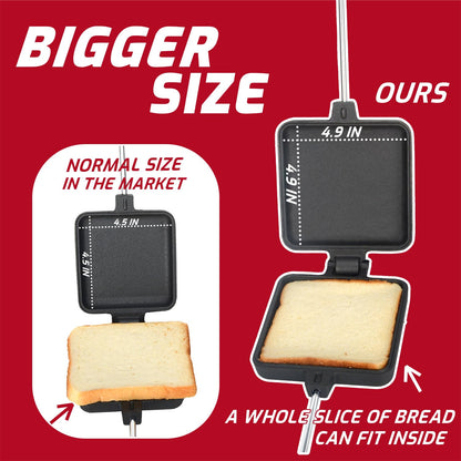 IPROUDER Campfire Pie Iron 4.9" Large Cast Iron Sandwich Maker for Camping 4 Pcs with Storage Bag - 22.6 inch Thickened Handles - Campfire Cooking Equipment for Grilling & Outdoor Cooking