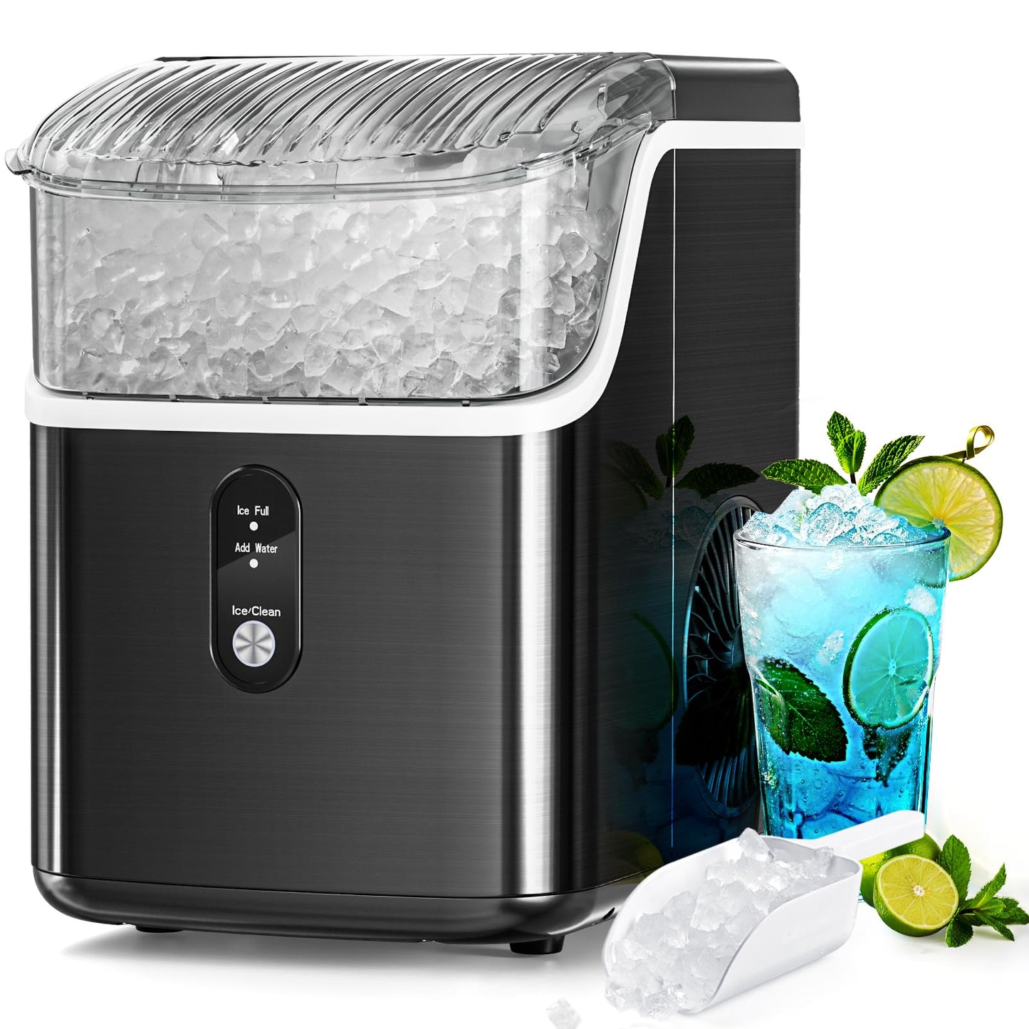 Antarctic Star Nugget Ice Makers Countertop, Portable Ice Machine with Ice Scoop & Basket, 34Lbs/24H, Self-Cleaning, One Click Operation for Camping/RV/Party (Stainless Steel Black)