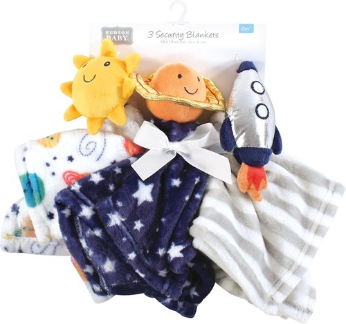 Hudson Baby Unisex Animal Face Security Blanket - Happy Planets 3-Pack | Soft & Cozy One Size