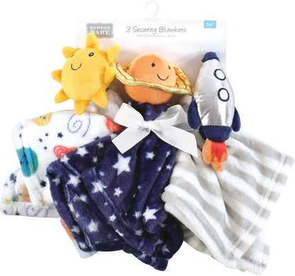 Hudson Baby Unisex Animal Face Security Blanket - Happy Planets 3-Pack | Soft & Cozy One Size