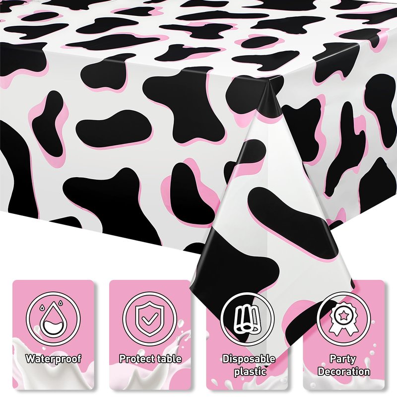 Tiamon 3 Pack Pink Cow Print Tablecloth Disposable 54x108 Inch Plastic Table Cover for Western Cowgirl Birthday Party Decorations Disco Bachelorette Baby Shower Supplies Farm Animal Theme Picnic