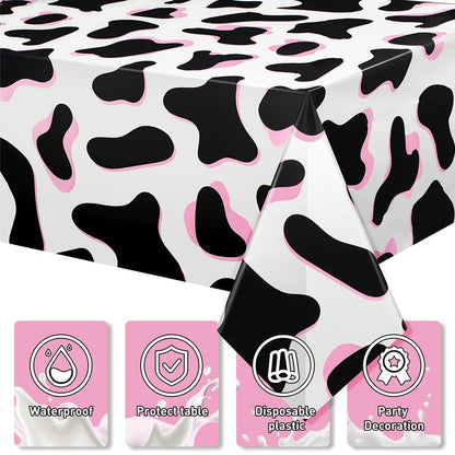 Tiamon 3 Pack Pink Cow Print Tablecloth Disposable 54x108 Inch Plastic Table Cover for Western Cowgirl Birthday Party Decorations Disco Bachelorette Baby Shower Supplies Farm Animal Theme Picnic