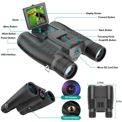 ZZSTAR Binoculars for Adults High Powered, 12x32 Binoculars with Camera, 2" LCD Display, 5MP 1080P Video Photo Recording, Large View for Bird Watching Hunting Travel with 32GB Card - Black