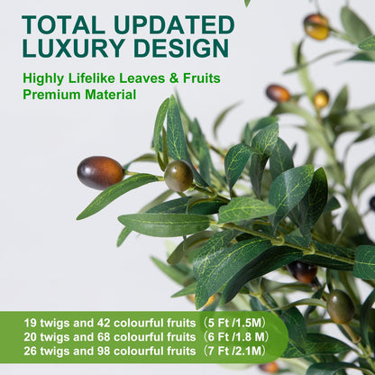 Artificial Olive Tree Indoor, 5Ft Faux Olive Trees Artificial Indoor with String Lights and Stones On Planter, Artificial Faux Plants with Natural Wood Trunk and Lifelike Fruits for Home Office Decor