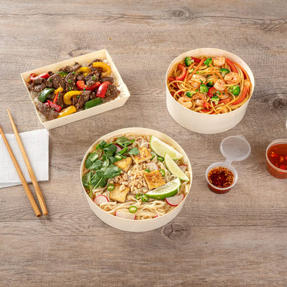 Restaurantware Taipei 33 Ounce Food Containers 100 Round Wooden Bento Boxes - Lids Sold Separately Grease Impermeable Poplar To Go Boxes Disposable Serve Noodles Dumplings And More