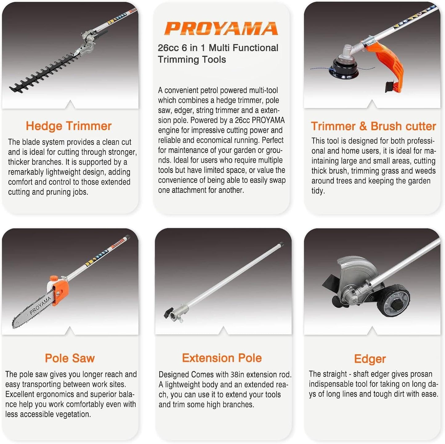PROYAMA 26cc 6 in 1 Multi Functional Combo Kit, 2 Cycle Gas Powered Hedge Trimmer, Weed Eater Wacker, String Trimmer, Brush Cutter, Edger with 3.3FT Extension Rod