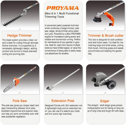 PROYAMA 26cc 6 in 1 Multi Functional Combo Kit, 2 Cycle Gas Powered Hedge Trimmer, Weed Eater Wacker, String Trimmer, Brush Cutter, Edger with 3.3FT Extension Rod
