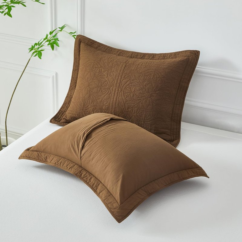 WINLIFE 100% Cotton Quilted Pillow Sham Floral Printed Pillow Cover Set of 2 (Standard Size, Coffee)