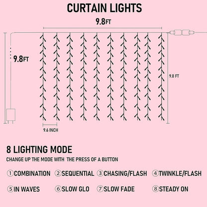 Dazzle Bright 300 LED Curtain String Lights, Waterproof, 8 Modes, Pink, Model CL-300CC