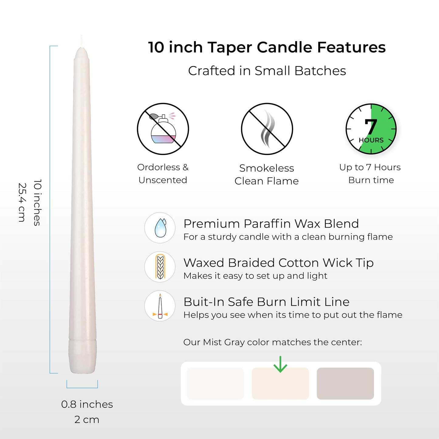 Mist Gray Taper Candles 10 Inch Dripless - Box of 12 Unscented Candlesticks, Smokeless Paraffin Free Candle Tapers with Cotton Wick, Indoor & Outdoor Use. Wedding Candles Taper Candles.