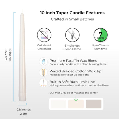 Mist Gray Taper Candles 10 Inch Dripless - Box of 12 Unscented Candlesticks, Smokeless Paraffin Free Candle Tapers with Cotton Wick, Indoor & Outdoor Use. Wedding Candles Taper Candles.
