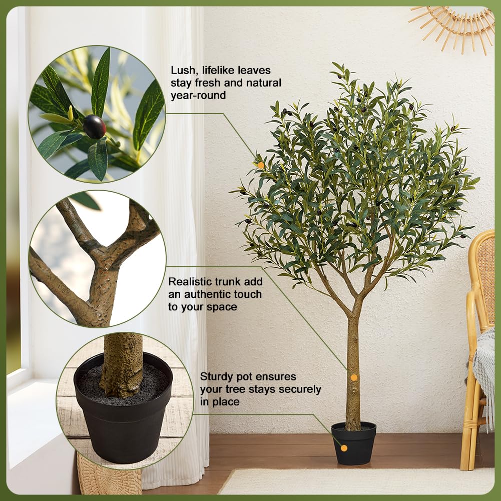 VeriNatural Artificial Olive Tree 5FT - Faux Olive Trees Indoor with 1283 Silk Leaves & 58 Fruits,UV Resistant & Natural Wood Trunk Fake Plant for Outdoor,Living Room,Patio,Home Decor,VN157