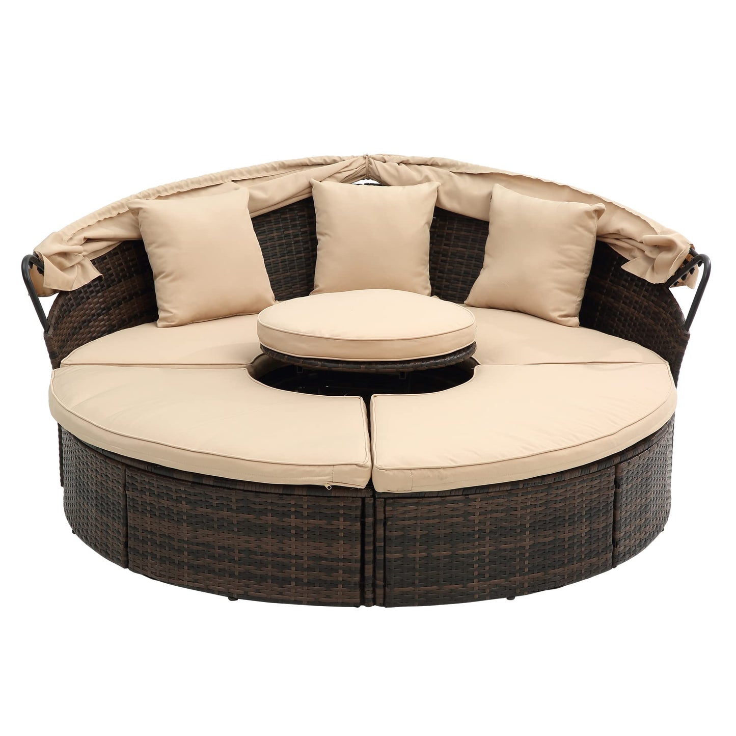 GDFStudio Outdoor Rattan Round Daybed with Canopy, Patio Wicker Lounge Bed with Lift-Top Coffee Table, Clamshell Sectional Seating Sofa Bed with Cushions & Pillows for Garden, Poolside, Beige