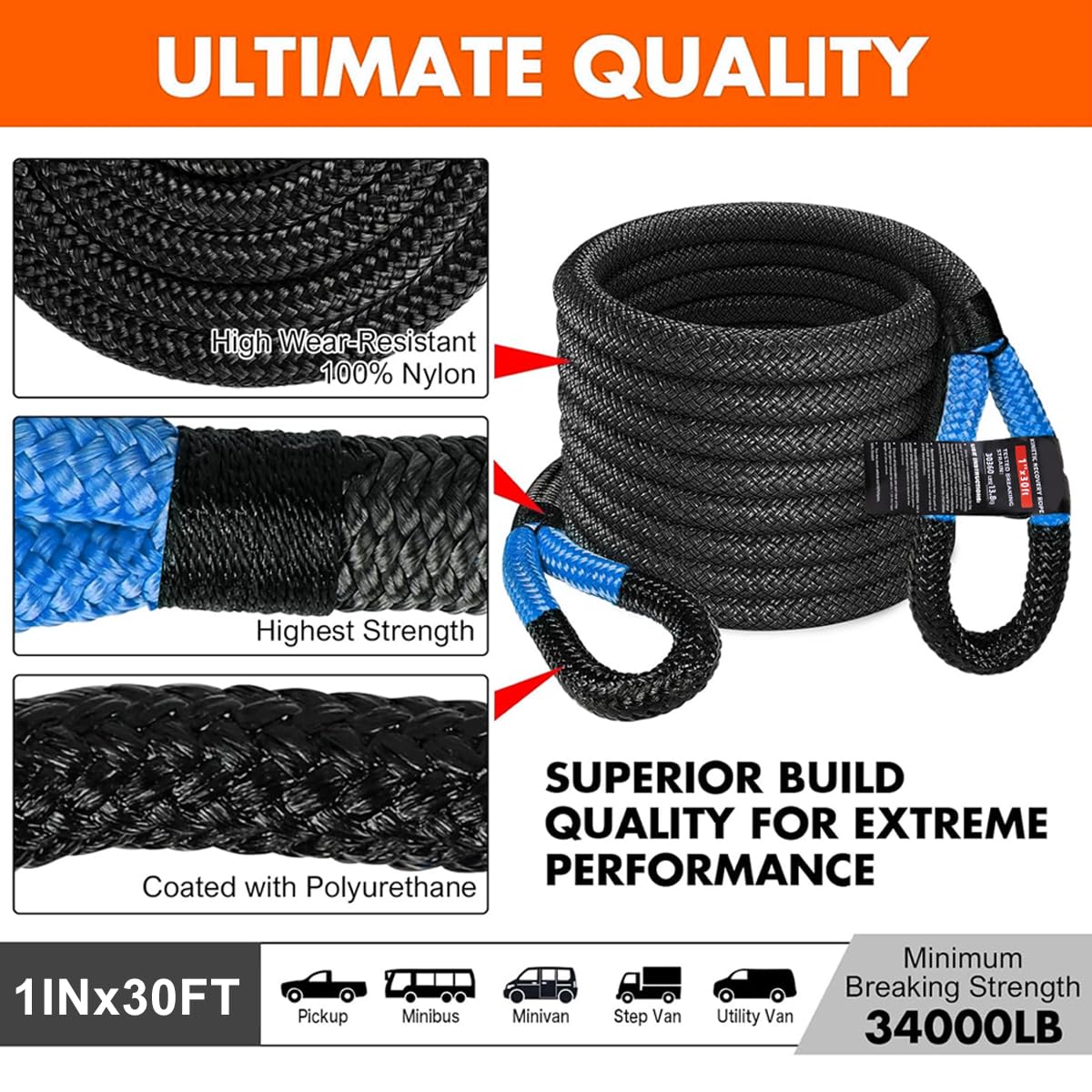 Portable Electric Winch and Kinetic Recovery Rope Kit