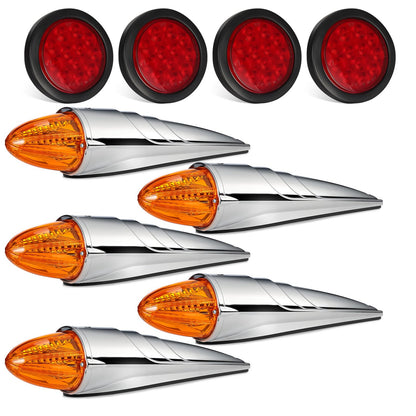 Partsam 4Pcs 4 Inch Round Led Trailer Tail Lights Kit+5PCS Amber Torpedo Cab Marker