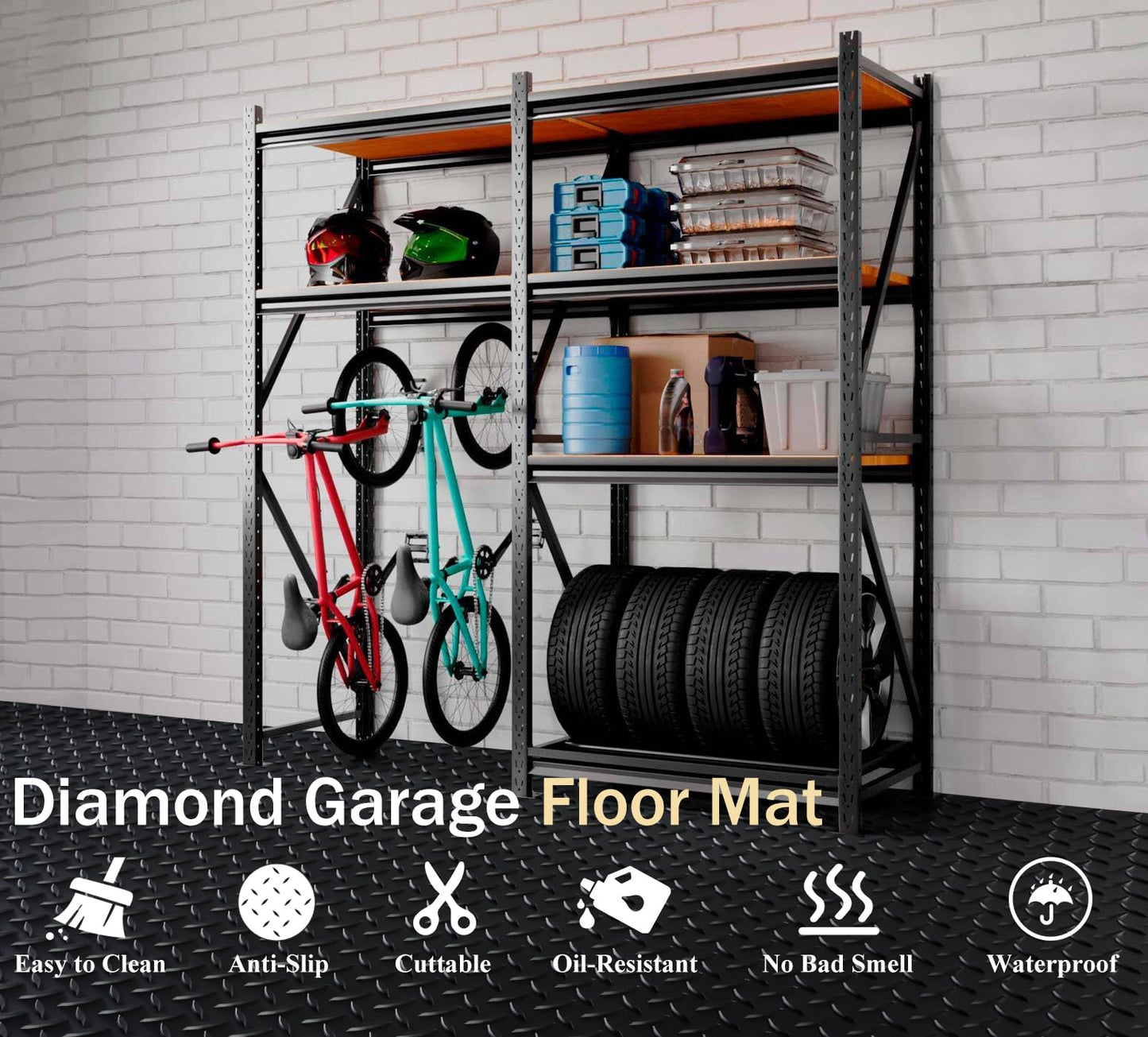 StellarStar 4x25 FT Garage Floor Mat, 2.8mm Thickened PVC Diamond Plate Garage Mat with 20PCS Tapes, Rubber Flooring Rolls for Under Car, Non-Slip Rubber Motorcycle Mat for Golf Cart, Trailer, Black