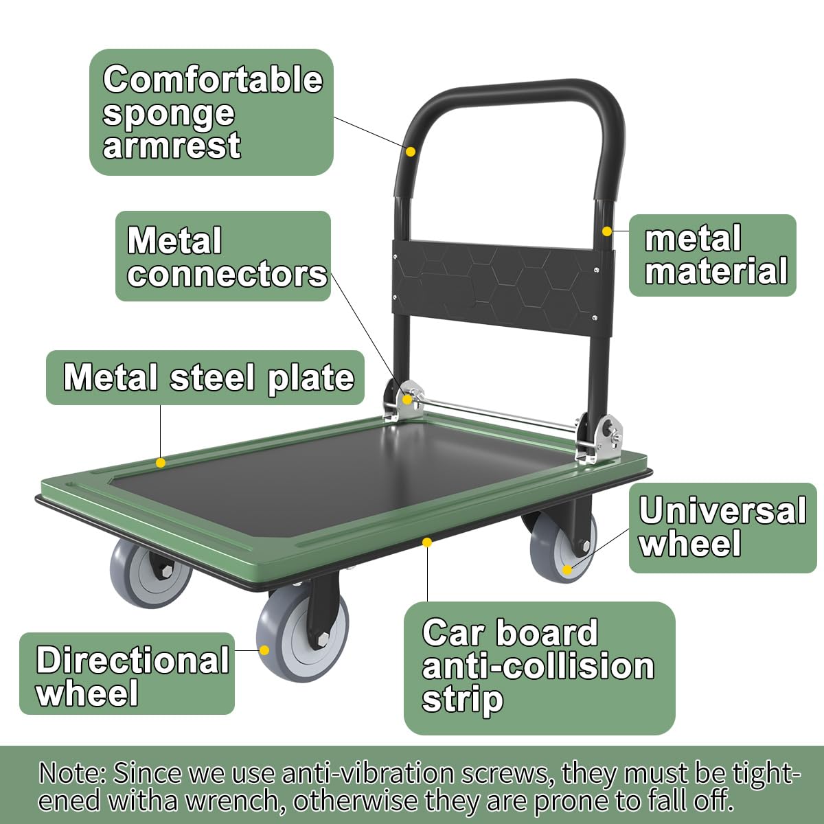 WUD Push Cart, Folding Mobile Platform Trolley,Thickened and Reinforced, 360° Swivel Wheels,30.3 “L x 19.7 ”W, 900 lb. Green Dolly cart with Wheels