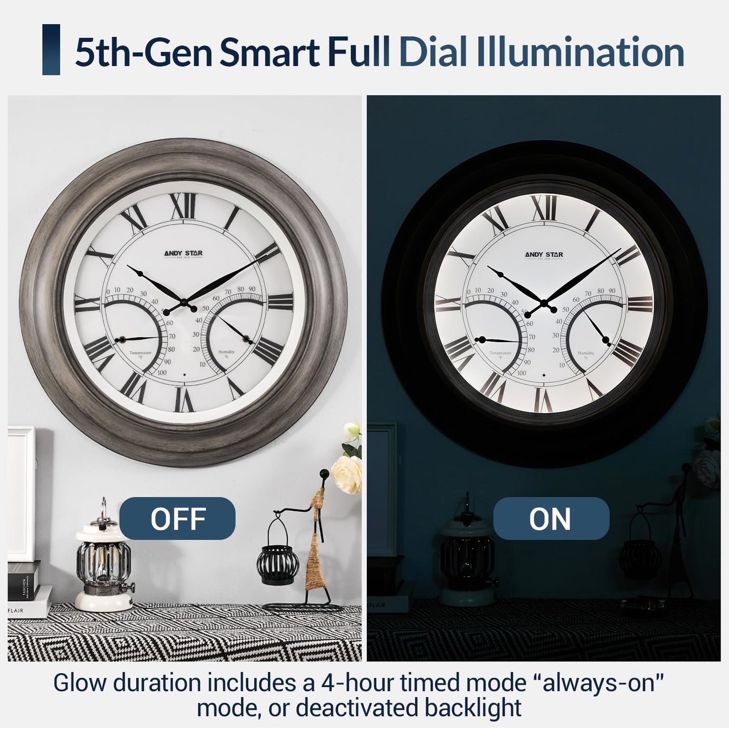 ANDY STAR 24 Inch Outdoor Clocks Waterproof,Large Outdoor Wall Clocks for Garden Patio Pool, Modern Lighted Metal Clock Battery Operated with Thermometer&Hygrometer, Gray Oak Wooden Non Ticking
