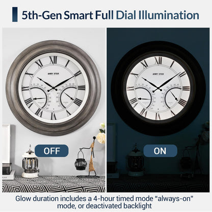ANDY STAR 24 Inch Outdoor Clocks Waterproof,Large Outdoor Wall Clocks for Garden Patio Pool, Modern Lighted Metal Clock Battery Operated with Thermometer&Hygrometer, Gray Oak Wooden Non Ticking