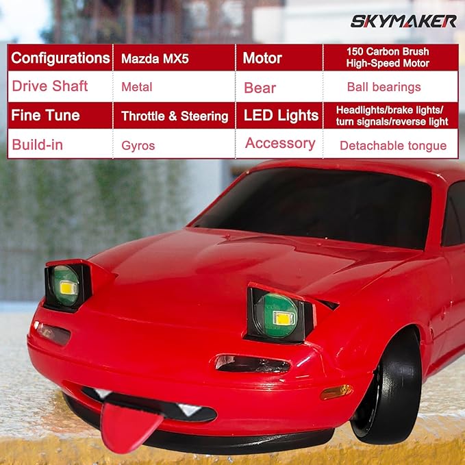 Skymaker LDRC Mazda MX5 Miata RC Drift Car 1/18 2.4GHz Drifting with Gyro Pop-up Lights RWD Drift Car for Adult Gift (Red with 2 Batteries)