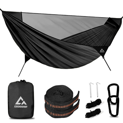 Black Camping Hammock with Mosquito Net & Hitch Mount Stand - Complete Bundle