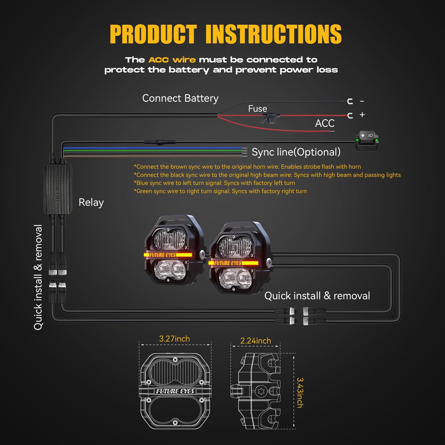 Future Eyes 120W LED Motorcycle Lights, High & Low Beam, Amber Fog Light, Waterproof Off-Road Auxiliary Headlight for Night Riding, ATV, UTV, and Motorcycle Fog & Driving Lights