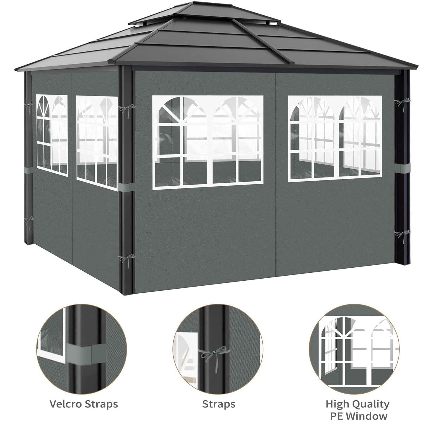 Gazebo Privacy Curtains 10' x 10' with PVC Windows, 4-Panels Side Wall with Zipper Universal Replacement for Patio, Outdoor Canopy, Garden and Backyard, Gray