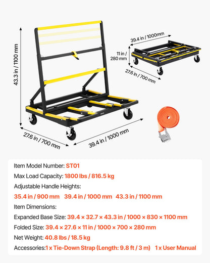VEVOR Drywall Cart Dolly, 1800 lbs Load Capacity, Steel Panel Dolly with 4 Swivel Casters & Expandable Deck, Foldable Panel Truck Cart with Tie-Down Strap for Handling Plywood, Plasterboard, Glass