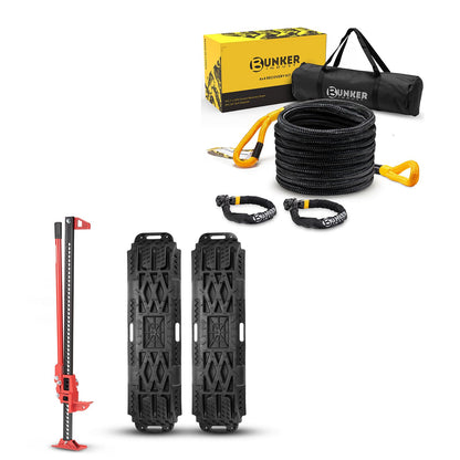 BUNKER INDUST Offroad High Lift Jack with Pair Traction Board Mate + 1"×30ft Kinetic Recovery Rope with 2 Soft Shackles Kit