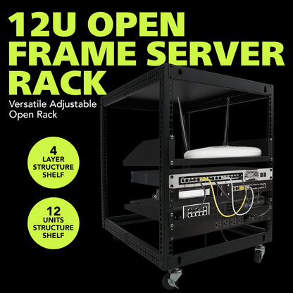 Pearington 12U Open Frame Server Rack, 23''-40'' Adjustable Depth, Free Standing or Wall Mount, 4 Post AV Rack with Casters, Holds Networking IT Equipment AV Gear Router Modem