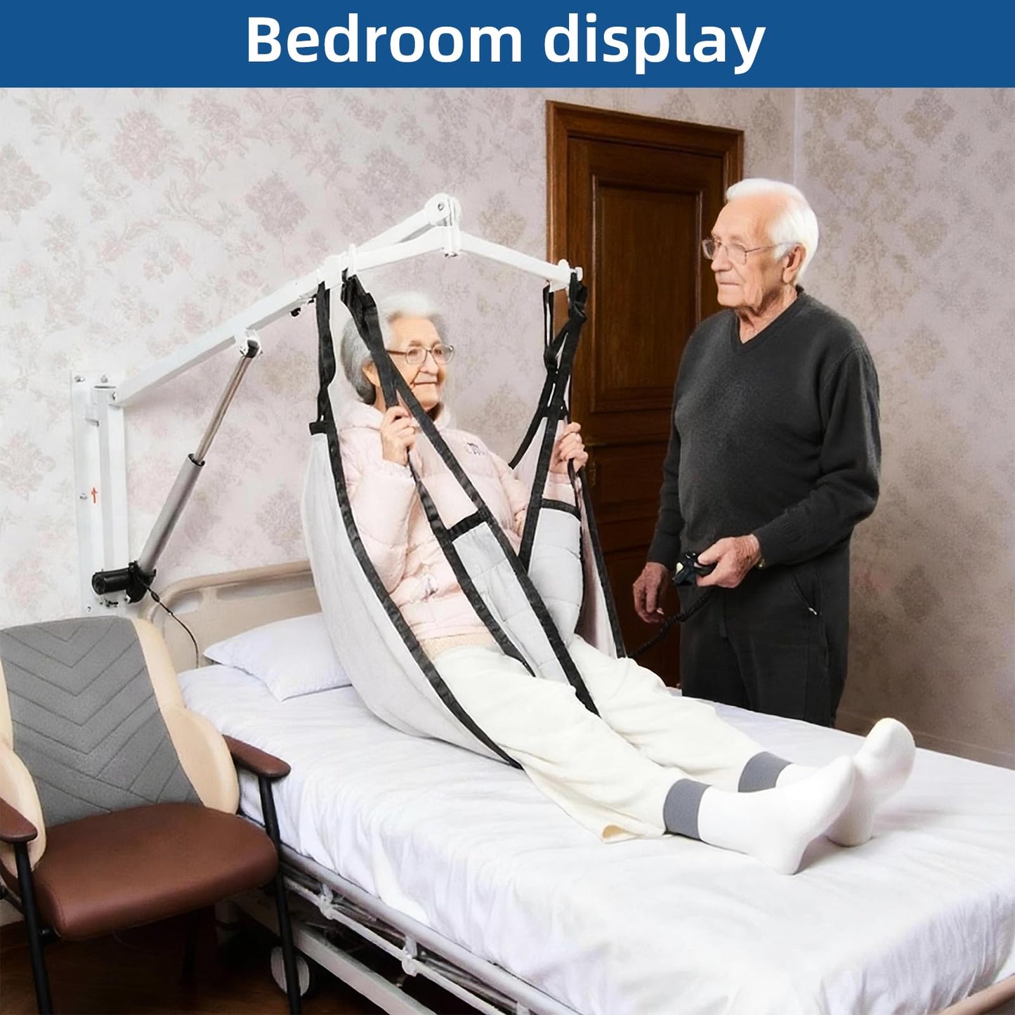 GxRichstar Wall-Mounted Patient Lift with Sling, Portable Electric Transfer Lift for Disabled, Elderly, Handicap, Remote Control, White