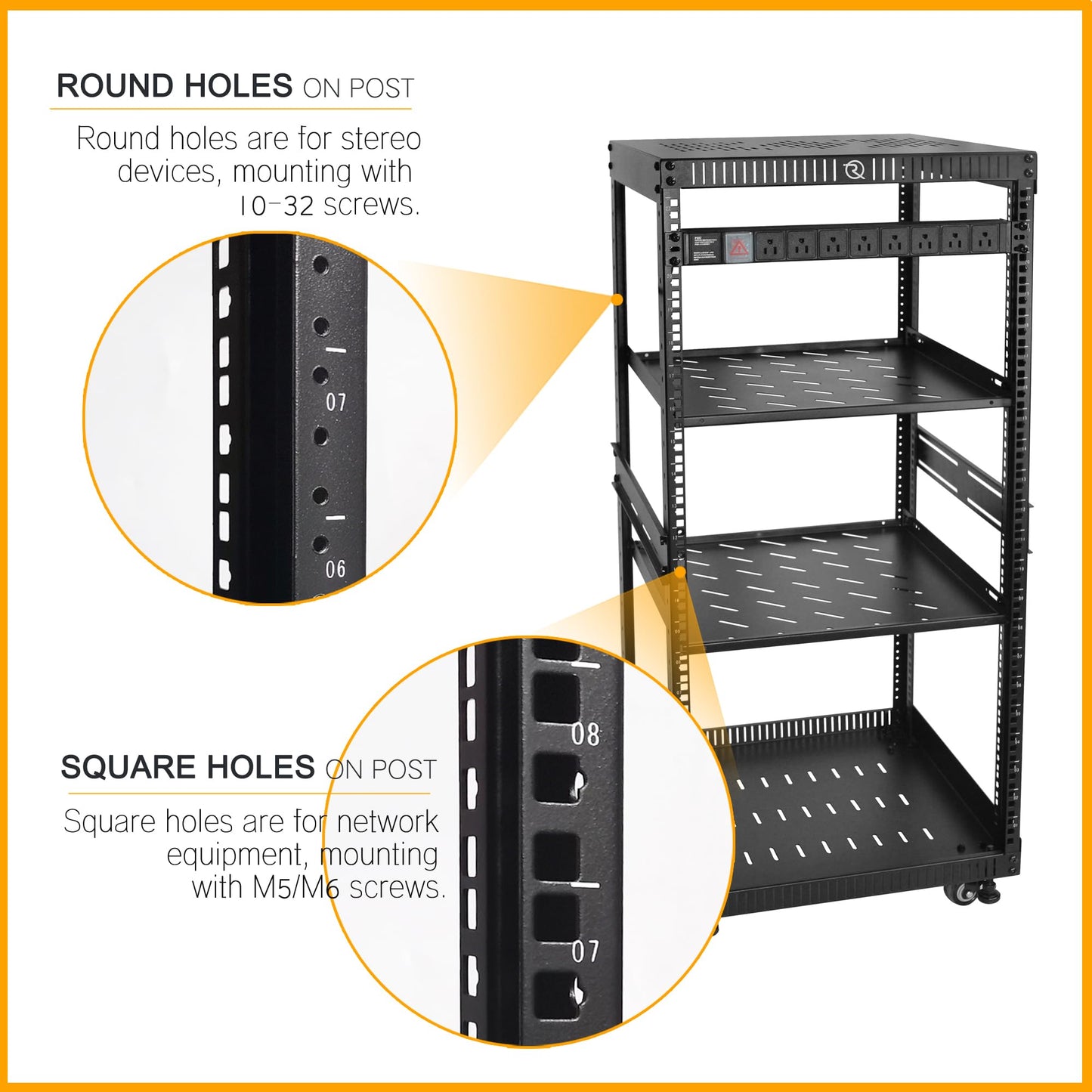 RIVECO 22U Network Rack with Reinforced Top & Bottom Vented Plates - 4 Rolling Wheels Floor Standing for 19" Equipment & Stereo Gear - Including 2PCS Shelves & Rail Mount PDU