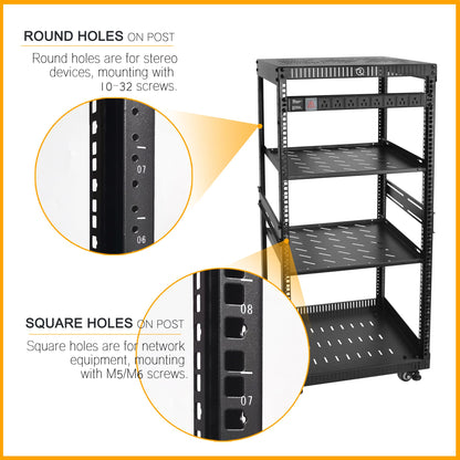 RIVECO 22U Network Rack with Top & Bottom Vented Plates 4 Rolling Wheels Floor Standing Rack for 19" Equipment & Stereo Gear Including 2PCS Rack Shelves & Rail Mount PDU &16" Depth Rack Shelves 2PCS