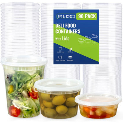 90 Sets Plastic Deli Containers With Lids, Assorted Sizes (8 oz 16oz 32oz) Variety pack, Airtight Food Storage Containers, Freezer/Dishwasher/Microwave Safe, Soup Containers For Takeout Food Storage