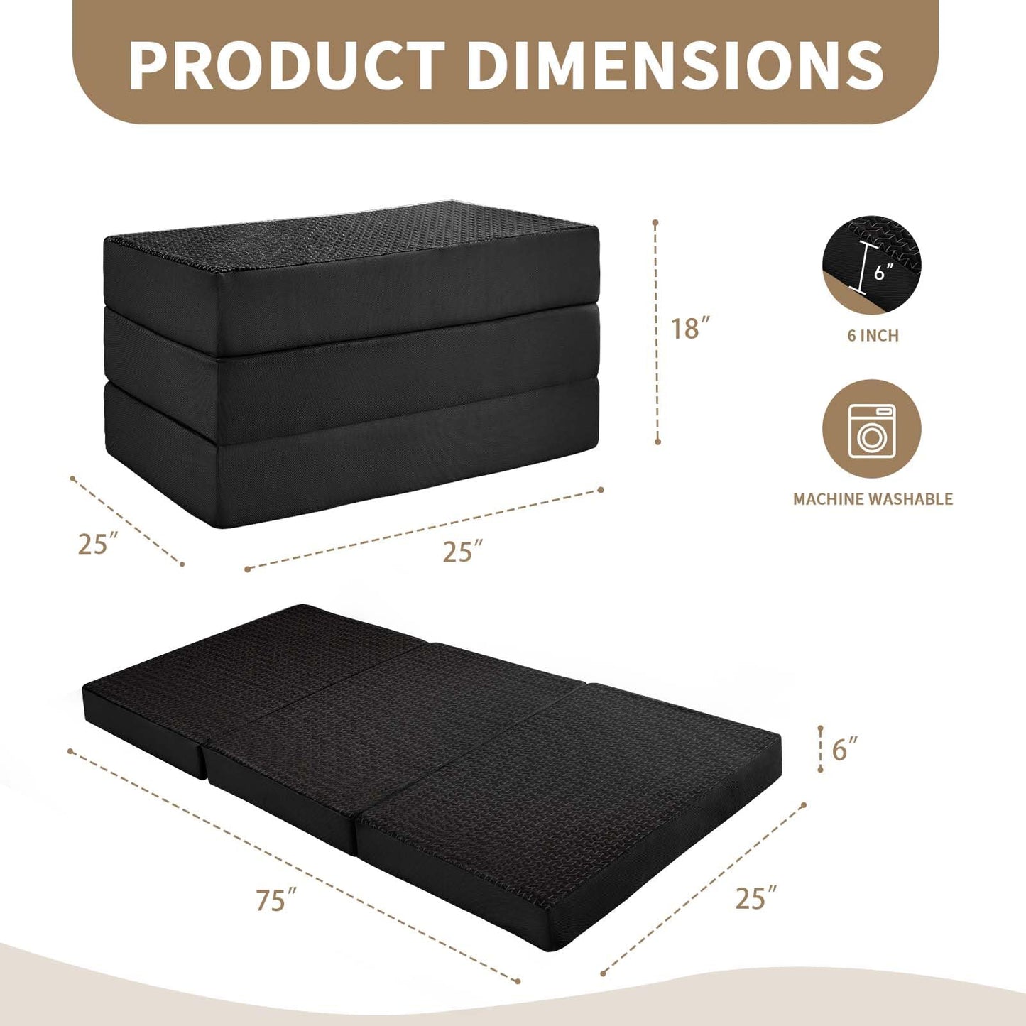 CYMULA Folding Mattress Single Size,6 inch Memory Foam Tri-Fold Single Floor Mattress Topper with Breathable & Washable Cover,Thick Foldable Mat for Camping,Naps and Guests，Black(25"×75"×6")