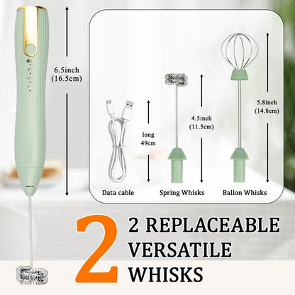TonJin Frother Wand Rechargeable USB-C Milk Frother Handheld Mixer Electric with 2 Whisk Heads, 3 Speeds Adjustable Coffee Drink Mixer for Lattes, Matcha, Hot Chocolate, Egg, Matcha(Green)