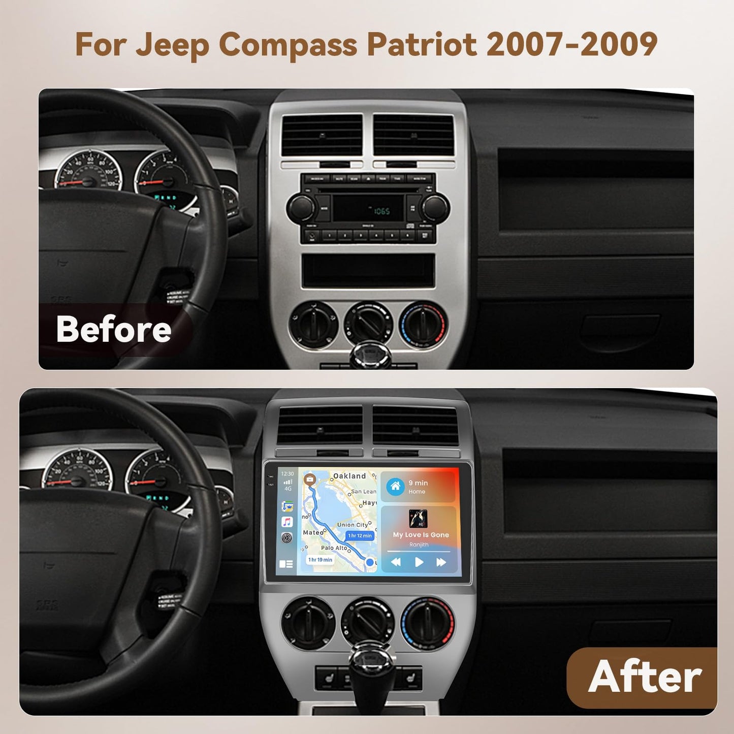 [4+64G] Android 15 Car Stereo for Jeep Compass Patriot 2007 2008 2009, Hikity 10'' in-Cell Touchscreen Radio Wireless Carplay Android Auto 5G WiFi/1280 * 720P/Bluetooth/GPS SWC FM/RDS/EQ Backup Cam