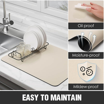 Skiennix Dish Drying Mat - Super Absorbent & Non-Slip Rubber Backing | Heat Resistant, Easy to Clean (Beige, S-14"x11")
