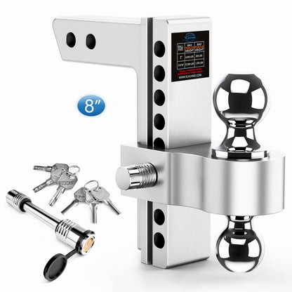 Tlvuvmo Drop Hitch Fits 2 Inch Receiver, 8 Inch Adjustable Trailer Hitch, 12,500 LBS GTW, (2" & 2-5/16") Chrome Plated Steels Balls, Aluminum Tow Hitches with Two Anti-Theft Pins Locks