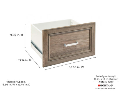 ClosetMaid SuiteSymphony Wood Closet Drawer, Add On Accessory, Shaker Style, For Storage, Closet, Clothes, 16” x 10” Size for 16 in. Units, Natural Gray